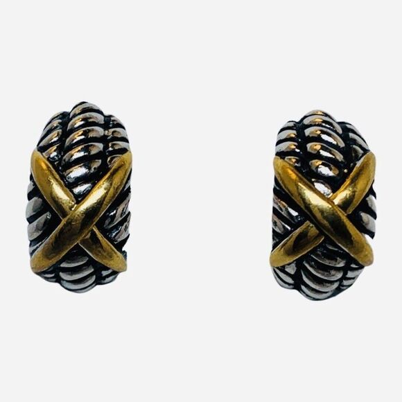 Vintage Braided Twisted Rope Kiss Silver & Gold Tone 1/2 Hoop Clip-on Earrings - Picture 1 of 6